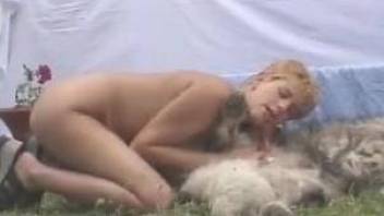 Sensual outdoor animal sex with a sweet chick and her trained doggy