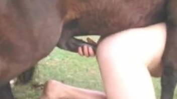 Nude woman bends ass to try some massive horse dick inside