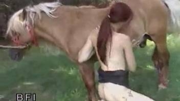 Redhead with a ponytail fucks a pony in the woods