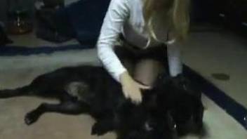 Blond-haired woman in sexy stockings fucks a black dog