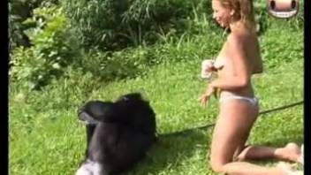 Adventurous Hispanic gal pals tempting a primate
